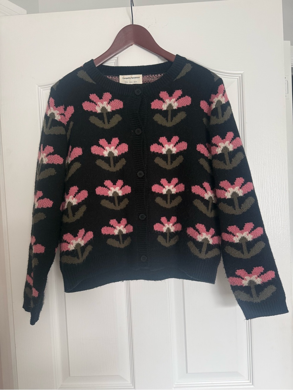 Black Floral Button-Front Cardigan with Pink Blooms